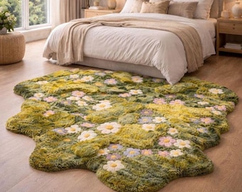 Irregular Green Shag Rug, Pastel Daisy Flowers, Modern Cottage Decor