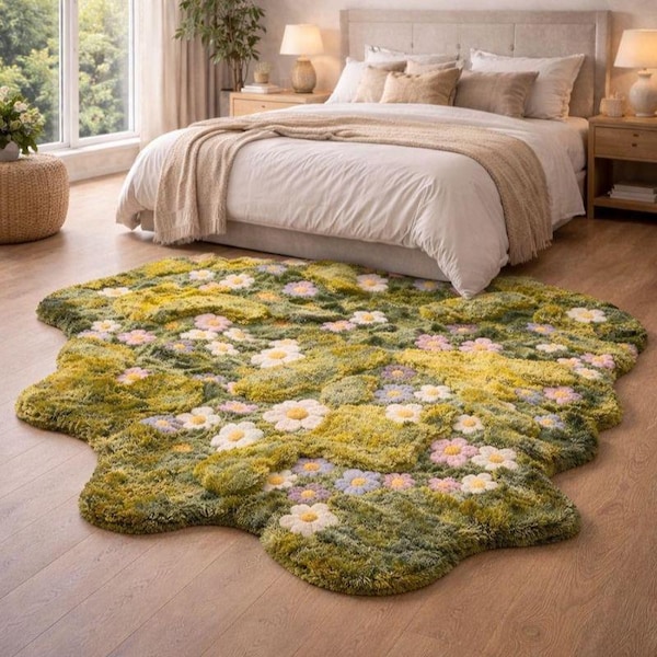 Tappeto a pelo lungo verde irregolare, fiori di margherita pastello, arredamento moderno in stile cottage