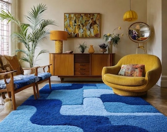 Modern Blue Abstract Shag Rug, Geometric Mid-Century Carpet