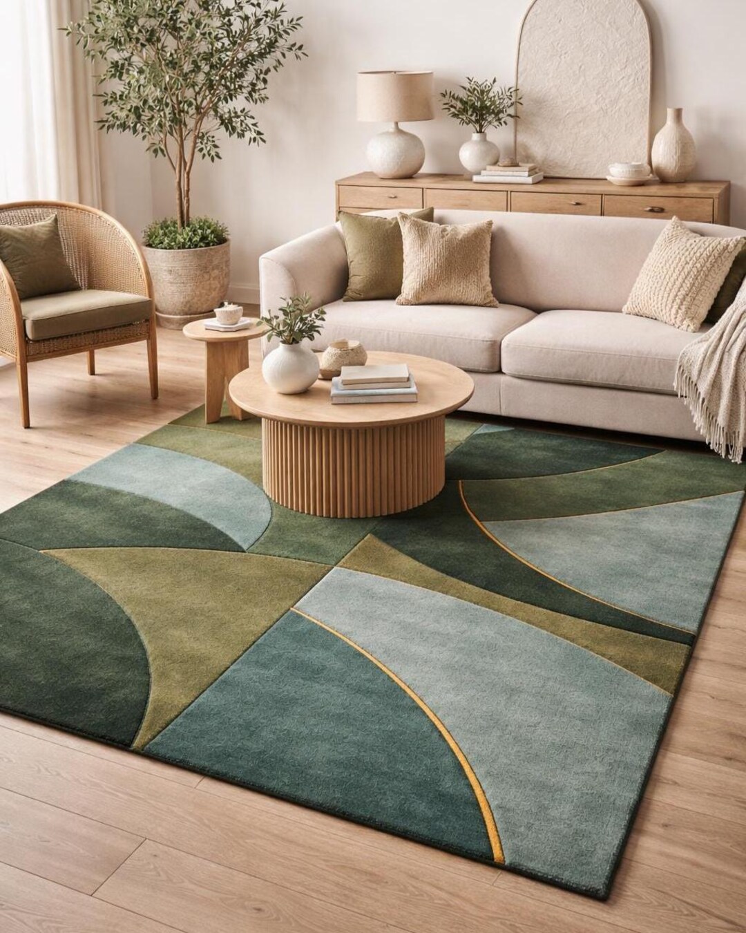 Patterned Green Rug Abstract Design Modern Green Abstract Tufted Rug, Handmade Wool Carpet, Geometric ...