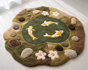 Handgefertigt Wolle Koi Teich Teppich, Zen Dekor