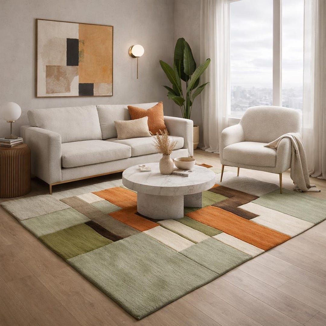 Luxury Hand Tufted Wool Area Rug – Modern Geometric Sage Green Rust Rug ...