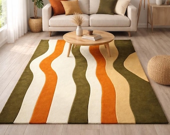 Handmade Abstract Wave Rug, Modern Green Orange Beige Area Rug for Living Room, Cozy Contemporary Decor