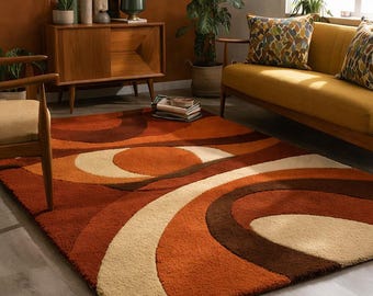 Mid Century Modern Abstract Area Rug, Retro Geometric Rug in Rust Orange & Cream, Living Room Carpet Decor