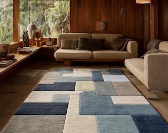 Modern Geometric Blue Area Rug, Handmade Wool Rug, Contemporary Rug for Living Room Bedroom, Minimalist Home Decor