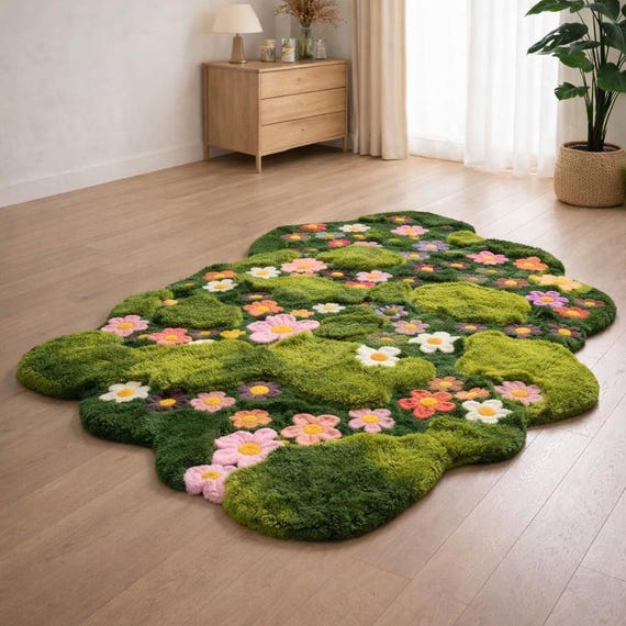 Irregular Green Moss Rug, Handmade Flower Tufted Carpet – Nature Inspired Floor Decor