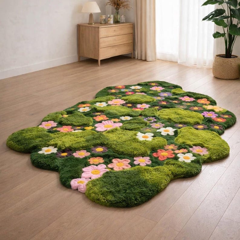 May include: A green, floral-shaped rug with a textured, moss-like appearance. The rug features various colorful flower accents, including pink, white, and orange blossoms, creating a whimsical, garden-inspired design. The rug is placed on a wooden floor.