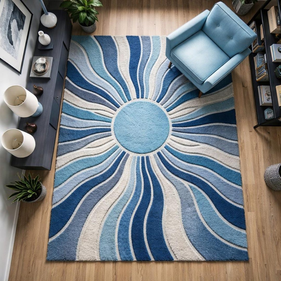 Blue Rug Abstract Pattern Modern Blue Abstract Area Rug, Sunburst Wave Pattern Rug for Living ...