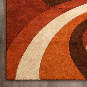 May include: A close-up of a shag rug with a retro design. The rug features curved bands of color in shades of rust, orange, cream, and brown. The rug has a soft, textured appearance and is likely made of a plush material.