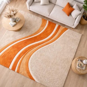 Hand Tufted Abstract Wave Rug, Orange & Beige Modern Area Rug, Soft Plush Carpet for Living Room Bedroom Decor