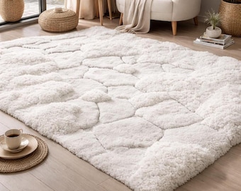 Handmade Tufted White Area Rug, Thick Shaggy Carpet, Modern Minimalist Rug, Living Room Bedroom Soft Plush Rug