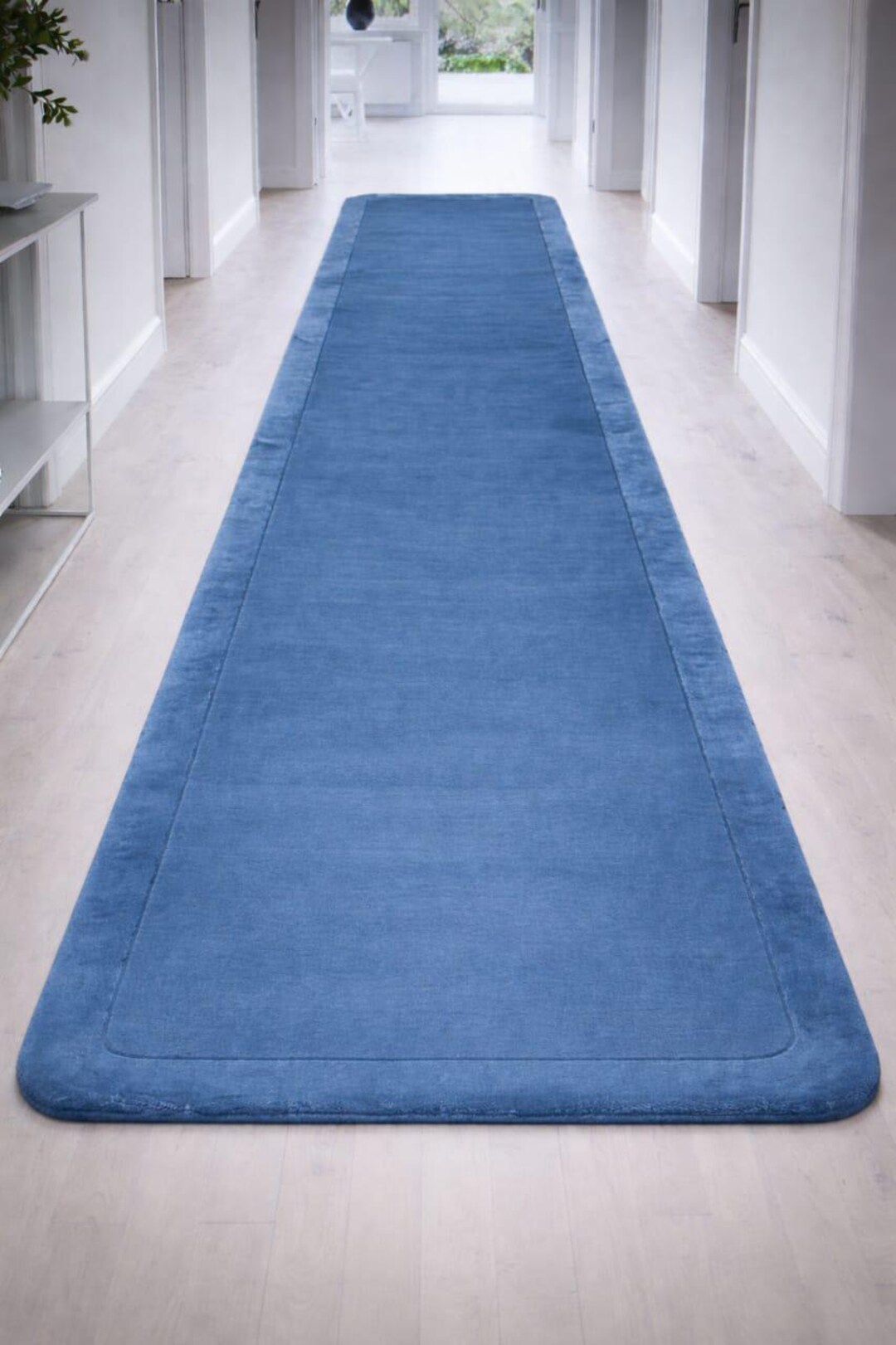 Handmade Solid Blue Hallway Runner Rug Modern Minimalist Decor Etsy 