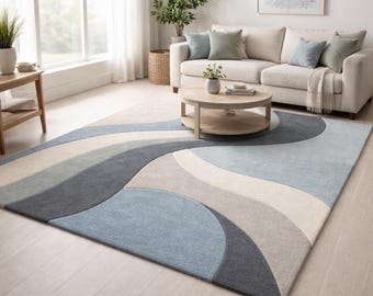 Modern Abstract Wave Area Rug Blue Beige Grey | Contemporary Living Room Bedroom Carpet Minimal Home Decor