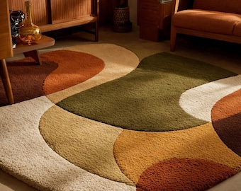 Modern Abstract Area Rug Hand Tufted Wool Rug Mid Century Living Room Carpet Retro Rug