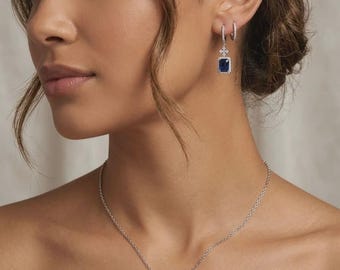 Smaragd geslepen blauwe stenen ketting, zilveren hanger in Victoriaanse stijl, elegante bruidssieraden, diepblauwe ketting, verjaardagscadeau voor vrouw.