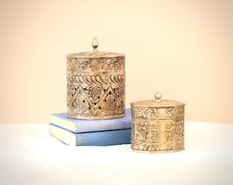 Vintage Silver Tone Trinket Boxes Set | Ornate Mid Century Metal Containers, 1970s Decor, Aged Patina