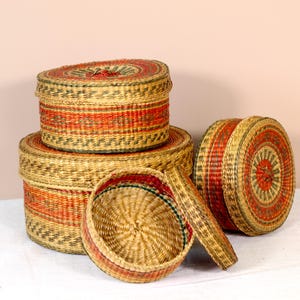 Vintage Woven Basket Set of 4 | Boho Storage Baskets with Lids | Handwoven Natural Fiber Boxes | Rustic Home Decor