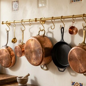 Solid Brass Farmhouse Pot Rack | Hanging Kitchen Storage with S Hooks