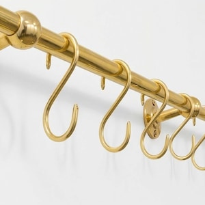 Solid Brass Pantry Rail with Hooks | Handmade Coffee Bar Storage Organizer