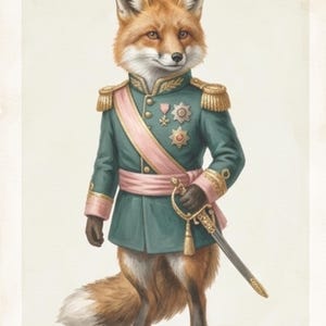 Può includere: Illustrazione di una volpe vestita con un'uniforme militare verde acqua con spalline e finiture dorate. La volpe indossa una fascia rosa e tiene una spada. La volpe ha una pelliccia arancione e bianca su sfondo crema.