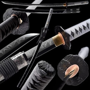 May include: Multiple views of a katana sword with a black lacquered scabbard and handle. The blade has a wavy pattern. The handle is wrapped in black cord. The sword has a gold-colored handguard and a white and black patterned handle.