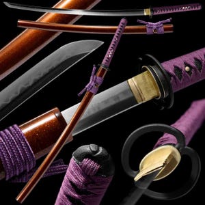 May include: A Japanese katana sword with a black blade and a purple handle wrapped in a matching cord. The scabbard is a dark brown with a metallic sheen. The sword's guard is black with a gold accent.