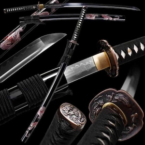 May include: A black katana sword with a curved blade and a black handle wrapped in black cord. The scabbard is black with a red dragon design. The sword's guard and pommel feature intricate dragon motifs.