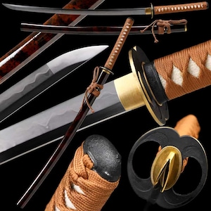 May include: An assortment of Japanese katana swords. The blades are silver with a visible edge. The handles are wrapped in brown fabric with white accents. The scabbards are dark brown with a glossy finish. The tsuba, or hand guard, is black and gold.