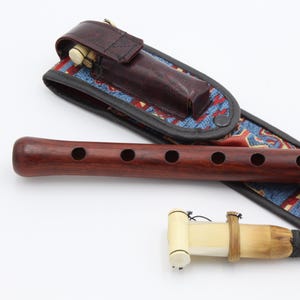 Pode incluir: Um instrumento de sopro de madeira castanha escura com orifícios para os dedos, juntamente com uma palheta e um estojo estampado com uma secção de couro. O instrumento foi concebido para a performance musical.