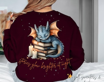 Maglione fantasy accogliente con draghi – Felpa per amanti dei libri – Pullover per lettori fantasy – Maglione accogliente per appassionati di libri