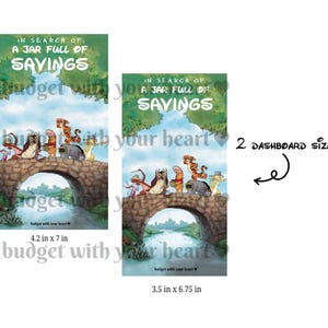 May include: Two rectangular dashboard inserts featuring a cartoon illustration of characters on a stone bridge over a river. The text reads IN SEARCH OF A JAR FULL OF SAVINGS and budget with your heart. Sizes are 10.67 cm x 17.78 cm and 8.89 cm x 17.15 cm.