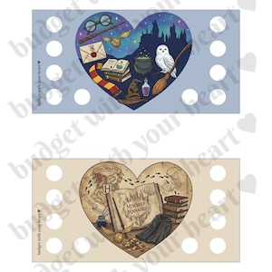 May include: Two heart-shaped designs featuring illustrations from a fantasy book series. One design has a blue background with a castle, owl, and other magical items. The other has a tan background with a map and the words "Mischief Managed".