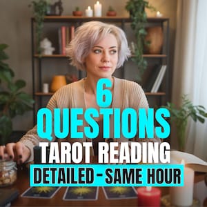 May include: A woman with short, light-coloured hair sits at a table with tarot cards. The image has text that reads "6 QUESTIONS TAROT READING DETAILED - SAME HOUR" in a turquoise font. Candles and a jar of nuts are also visible.