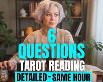 May include: A woman with short, light-colored hair sits at a table with tarot cards. The image has text that reads "6 QUESTIONS TAROT READING DETAILED - SAME HOUR" in a turquoise font. Candles and a jar of nuts are also visible.