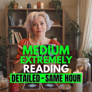 May include: A woman with short, light purple hair holds tarot cards, with the words "MEDIUM EXTREMELY READING DETAILED - SAME HOUR" in green text. Lit candles and a glass jar are on the table. A bookshelf and plants are in the background.