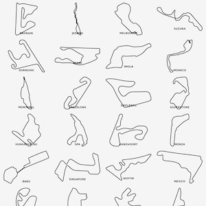 Puede incluir: Un conjunto vectorial con 24 diseños de circuitos de carreras en blanco y negro, como Interlagos y Las Vegas. El texto superior dice "2025 MOTORSPORT VECTOR BUNDLE". El texto inferior dice "INCLUDES ALL 24 CIRCUITS."
