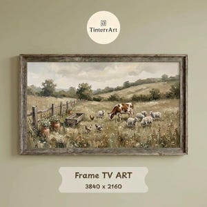 May include: A rectangular landscape painting in a weathered wooden frame depicting a rural scene with a brown and white cow, several sheep, and chickens in a grassy field. A wooden fence and two terracotta pots with white flowers are visible.