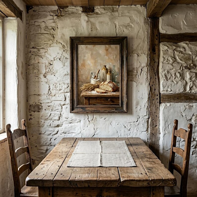 May include: A rustic dining room scene featuring a wooden table with a linen placemat. A framed painting of bread and bottles hangs on a textured white wall. Two wooden chairs are positioned near the table, and a window is visible on the left.