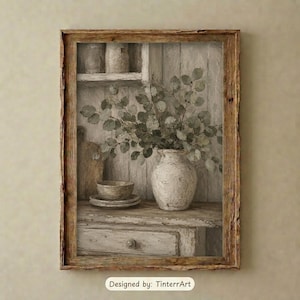peinture à l'huile vintage vase branche d'eucalyptus | Art mural imprimable | Nature morte de cuisine rustique | Buffet campagnard en poterie | Téléchargement numérique
