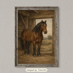 May include: A framed wall art print featuring a brown horse with a black mane and tail standing inside a wooden barn doorway. The horse faces right, looking out toward a rural landscape with a field and trees. The frame is weathered grey wood.