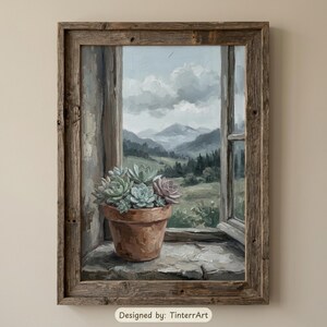 Dipinto ad olio con piante grasse in vaso / Stampa artistica da parete / Vista dalla finestra sulle montagne / Davanzale in pietra rustica / Natura dai toni verdi tenui / Download digitale