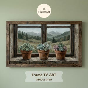 Quadro con cornice di piante grasse per finestra / Dipinto ad olio con vista sulle montagne dalla finestra / Natura morta con vasi di terracotta / Salvaschermo TV rustico / Download digitale