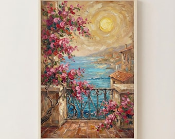 Mediterranean Sea View Wall Art | Vintage Terrace Oil Painting | Shabby Chic Decor