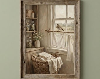 Vintage Laundry Room Oil Painting | Printable Wall Art | Bird on Window | Farmhouse Kitchen Decor | Rustic Wicker Basket | Digital Download