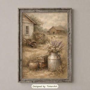 May include: A framed wall art print depicting a rustic farm scene with a wooden barn, a wheelbarrow, a metal milk can filled with wildflowers, and a ceramic jug. The artwork features muted earth tones and includes the text Designed by: TinterrArt.
