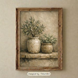 Pode incluir: Uma pintura a óleo em tela emoldurada retratando dois vasos de cerâmica bege sobre uma borda de pedra. O vaso mais alto contém uma oliveira com frutos verdes, enquanto o mais baixo contém flores brancas. O texto diz: Designed by: TinterrArt.