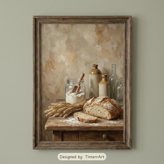 Rustic Bread Still Life Oil Painting | Printable Wall Art | Vintage Baking Decor | Flour Jar & Bottles | Muted Kitchen | Digital Download