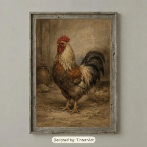 Farmyard Rooster Clay Pot Barn Portrait Printable Wall Art | Vintage Farmhouse Animal Print | Rustic Barn Clay Pot Decor | Digital Download