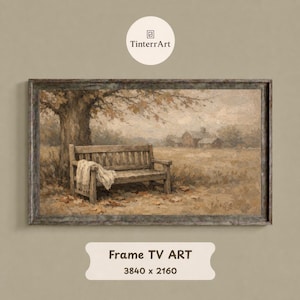 May include: A rectangular digital art print for a television screen featuring a landscape painting of a wooden bench under a large tree with a draped white cloth, set in a field with a distant house, enclosed in a weathered dark wood frame.