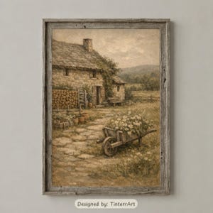 May include: A framed wall art print depicting a stone cottage with a wood pile, a stone path, and a wooden wheelbarrow filled with white flowers in a field. The scene is rendered in muted earth tones, beige, and grey, enclosed in a weathered wood frame.